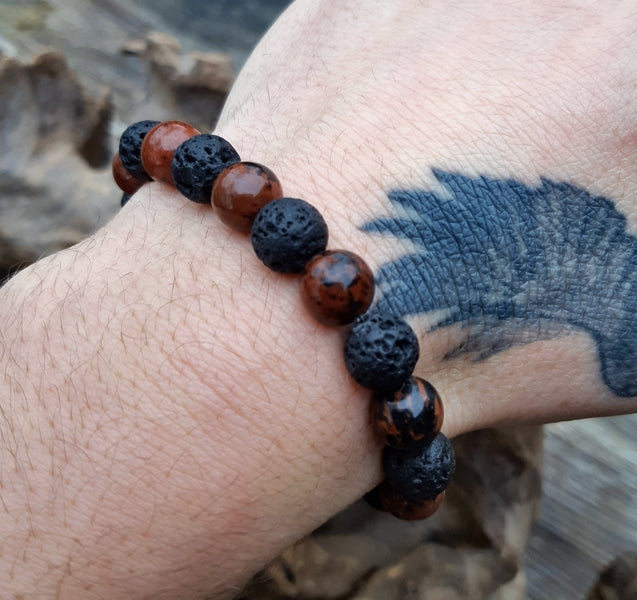bracelet en obsidenne acajou et pierre de lave